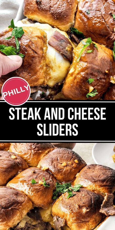 Steak and Cheese Sliders are a bite-sized take on a beloved classic, the Philly cheesesteak. Glazed ribeye steak, crispy fried onions, and sweet Hawaiian rolls make these mini steakburgers an irresistible appetizer you just can't pass up. Steak And Cheese Sliders, Shaved Steak Recipe, Philly Cheesesteak Sliders Recipe, Steak Sliders, Sweet Hawaiian Rolls, Best Philly Cheesesteak, Steak And Cheese, Crispy Fried Onions, Cheesesteak Sliders