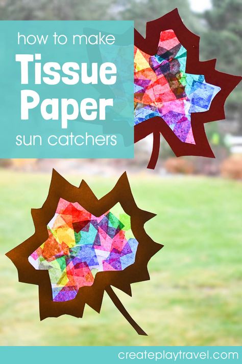 Leaf Sun Catchers For Kids, Fall Sun Catchers For Kids, Fall Tissue Paper Crafts, Fall Suncatchers For Kids, Tissue Paper Sun Catcher, Paper Sun Catchers, Crafts With Tissue Paper, Stained Glass Tissue Paper, Leaf Suncatchers