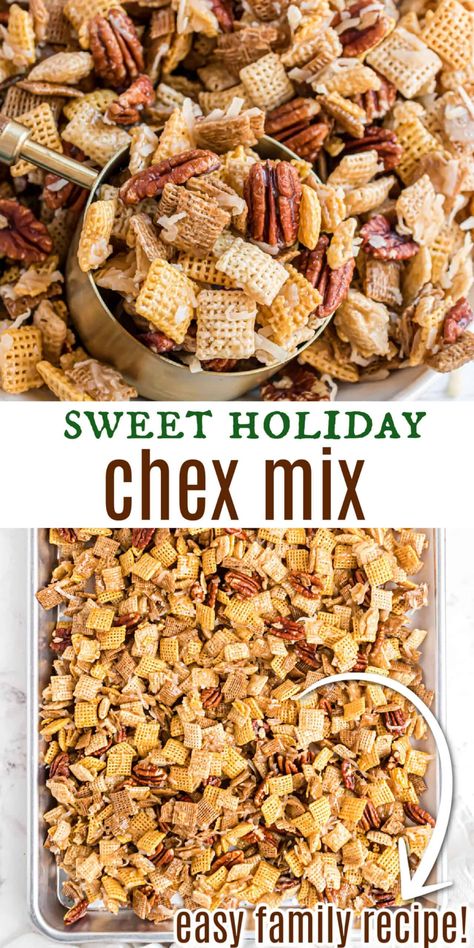 Sweet Holiday Chex Mix is the perfect homemade gift idea! Turn a few simple ingredients into a tasty snack mix with this easy recipe. Sweet Chex Mix Recipes Christmas, Chex Snacks, Popcorn Flavours, Christmas Chex Mix, Xmas Snacks, Sweet Appetizers, Chex Mix Recipes Sweet, Sweet Chex Mix, Sweet Chex