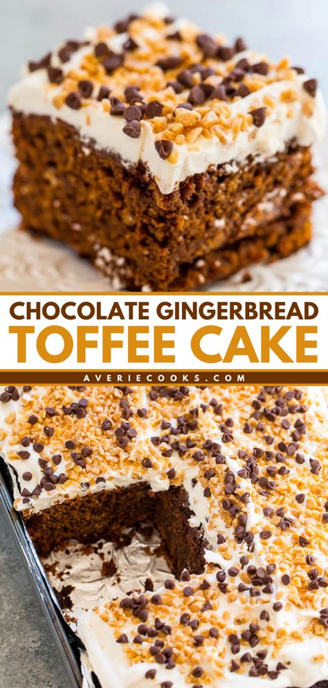 You're going to love this gingerbread dessert! With the addition of chocolate chips and toffee bits plus a ginger spiced whipped cream, this gingerbread cake is an amazing Christmas dessert recipe. Save this holiday baking idea! Gingerbread Desserts Easy, Chocolate Gingerbread Cake, Gingerbread Poke Cake Recipe, Gingerbread Snack Cake, Gingerbread Sheet Cake, Chocolate Gingerbread Cake Recipe, Gingerbread Coffee Cake, Warm Gingerbread Cake, Gingerbread Dessert Recipes