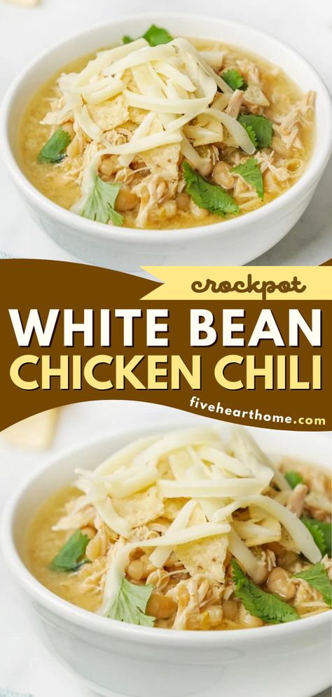 A white chicken chili recipe in the slow cooker! It's a must-try winter food idea. Hearty and super flavorful, this Crockpot White Bean Chicken Chili is an easy comfort food dinner your family will request again and again! White Bean Chili Crockpot, Crockpot White Bean Chicken Chili, White Chili Crockpot, White Bean Chicken Chili Slow Cooker, White Bean Chicken Chili Crockpot, White Bean Chicken Chili Recipe, White Bean Chili Recipe, White Chicken Chili Recipe Crockpot, White Chicken Chili Slow Cooker