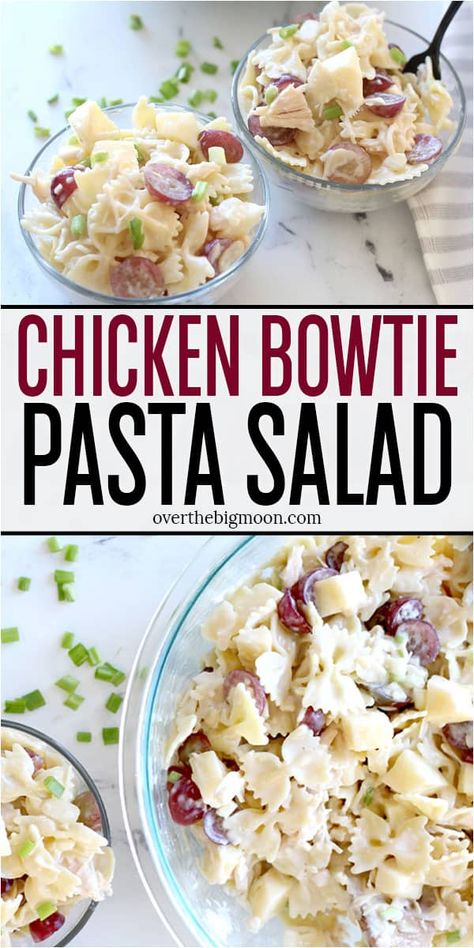 Chicken Bow Tie Pasta Salad is the perfect pasta salad for BBQs or potlucks! Bow tie noodles, chicken, green onions, grapes, apples, sliced almonds, and coleslaw dressing! From overthebigmoon.com! #summersalads #pastasalad #bowtiepastasalad #bbqsalad #potlucksalads Pasta Salad With Coleslaw Dressing, Bowtie Pasta Salad With Grapes, Bow Tie Cucumber Pasta Salad, Bow Tie Chicken Pasta Salad, Chicken Grape Pasta Salad, Coleslaw Pasta Salad Recipe, Chicken Bowtie Pasta Salad, Easy Bowtie Pasta Salad Recipes, Easy Bow Tie Pasta Salad Recipes