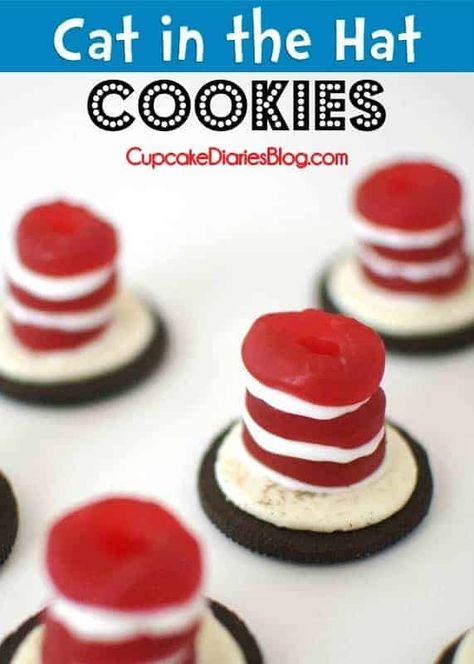 Cat In The Hat Cookies, Dr Seuss Treats, Seuss Snacks, Dr Seuss Snacks, Cat In The Hat Party, Cupcake Diaries, Party Snacks Easy, Seuss Crafts, Dr Seuss Birthday Party