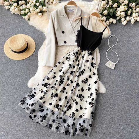 Check out this product on Alibaba App Women's Sets Autumn Elegant Button Solid Crop Coat Mesh Spaghetti Strap Dress 2 Pieces Set Outfits Retro, Buy Dresses Online, Gauze Dress, Sling Dress, Suspender Dress, Modest Fashion Outfits, Matching Dresses, Dress Suits, Mesh Dress