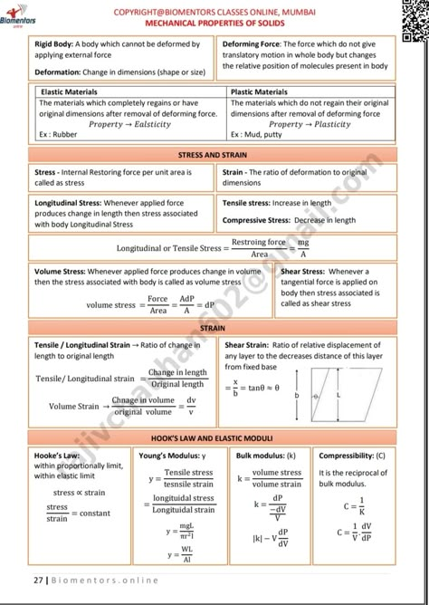 Mechanical Properties Of Solids Notes, Mechanical Properties Of Solids, Properties Of Solids, Mechanics Notes, Class 11 Notes, Organic Chemistry Notes, Formula Sheet, 11th Chemistry, Learn Physics