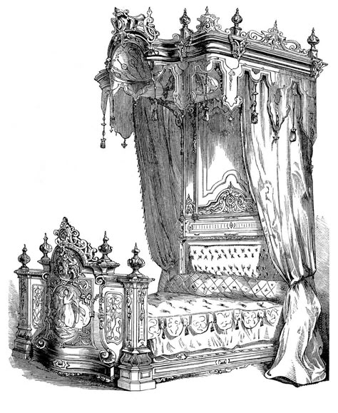 Victorian bed! Victorian Bed, Bed Images, Bedroom Drawing, Arte Peculiar, Antique Beds, Engraving Illustration, Architecture Drawing Art, Graphics Fairy, Victorian Furniture