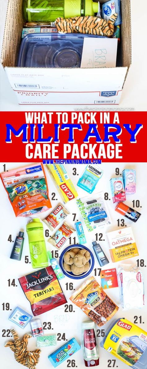 Over 30 ideas of things to pack in a military care package that will be useful, fun, or entertaining.  While our troops are working hard over seas to ensure our freedoms and receiving a care packag… Navy Deployment Packing List, Veteran Care Package Ideas, Marine Care Package Ideas, Navy Care Package Ideas Sailors, Deployment Christmas Care Packages, Army Care Package, Soldier Care Packages, The Pinning Mama, Deployment Care Package Ideas