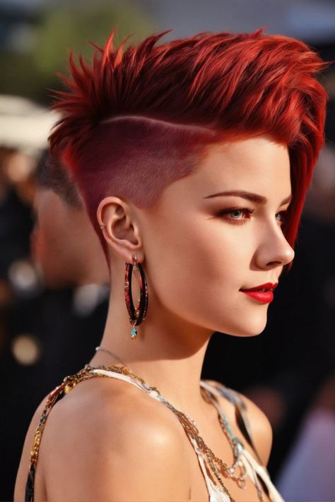 Hairstyle With Shaved Sides, Shaved Hair Styles, Vibrant Red Hair Color, Hair Styles To Try, Coquette Spring, Outfits Asian, Outfits Alternative, Hair Color Red, Vibrant Red Hair