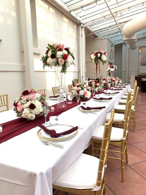 Burgundy Table Decor, High And Low Centerpieces, Long Tablescape, Wedding Church Decor, Marsala Wedding, Low Centerpieces, Welcome Table, Pink Bridal Shower, Burgundy Wine