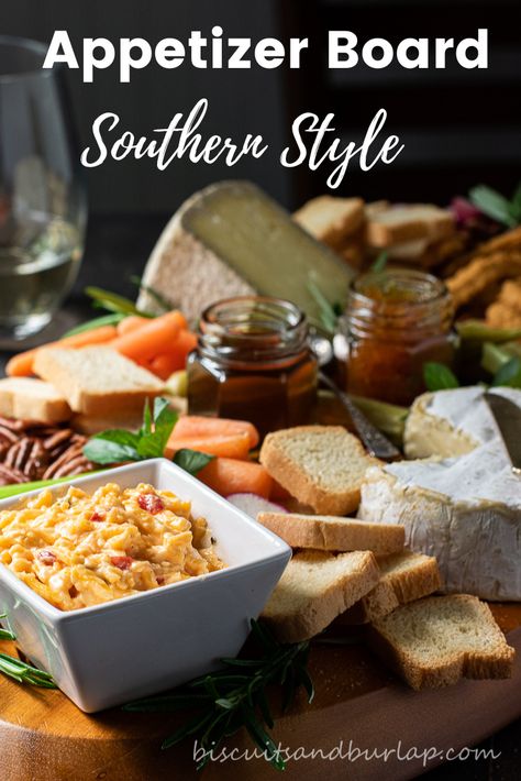 How to easily create an Appetizer Board with Southern Favorites. #cheeseboard #charcuterie #appetizers Charcuterie Board With Pimento Cheese, Pimento Cheese Charcuterie Board, Southern Style Charcuterie Board, Pimento Cheese Board, Appetizer Boards Ideas, Southern Snacks Appetizers, Cajun Charcuterie Board, Southern Charcuterie Board, Southern Appetizers For Party