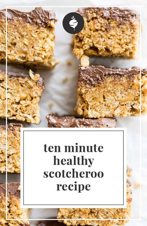 A healthy spin on the traditional scotcheroo with a fraction of the sugar and some superfoods. Grab this 10-minute healthy scotcheroo recipe.: Healthier Baking, Creative Treats, Clean Desserts, Healthy Bars, Paleo Desserts, Delectable Desserts, Recipe Simple, Thm Recipes, Birthday Desserts