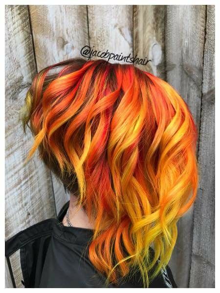 Fire hair. Orange hair. Yellow hair. Red hair. Fire Ombre. Fire. Short hair. Medium hair. Undercut Ideas, Lavender Hair Ombre, Orange Ombre Hair, Wavy Hair With Braid, Flame Hair, Vivid Hair, Sunset Hair, Hair Yellow, Hair Orange