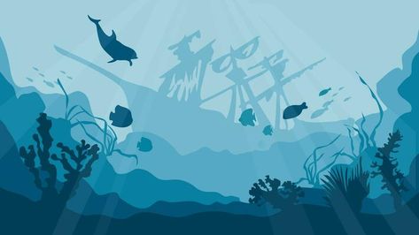 Cartoon underwater landscape with sunken sail ship 12851149 Vector Art at Vecteezy Shipwreck Silhouette, Underwater Vector, Underwater Cartoon, Underwater Art, Shipwreck, Coral Reef, Blue Sea, Sailing Ships, Vector Art