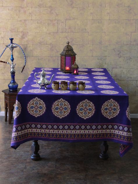 Morrocan Table, Table Cloth Design, Sultan Palace, Moroccan Room, Indian Bedding, Blue Tablecloth, Cloth Design, Vintage Medallion, Deco Boheme