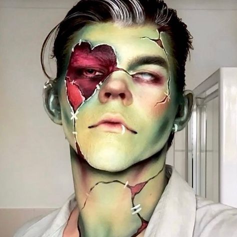 Nightmare Makeup, Frankenstein Halloween Makeup, Mens Halloween Makeup, Makeup Verde, Frankenstein Makeup, Monster Makeup, Creepy Halloween Makeup, Drag King, Horror Makeup