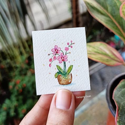 Dr. Samprity Ozah on Instagram: “Hi. ✋ An orchid doodle. It took me less than 5 minutes.! Simply loving it. 😊 .. .. @artphilosophyco Tropicals watercolor from @ayushpaper…” Small Card Drawings, How To Draw Orchids, Watercolor Orchids, Watercolor Orchid, Orchid Doodle Simple, Orchid Painting, Orchid Doodle, Tropical Cards, Orchid Watercolor