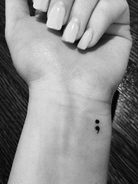 Semicolon project wrist tattoo Colin Tattoo Semi, Semi Colon Tattoo Wrist, Semicolon Tattoo On Wrist, Semi Collen Tattoo, Ellipsis Tattoo, Semi Colon Tattoos For Women, Semicolon Wrist Tattoo, 3rd Eye Tattoo, Tattoo Circle