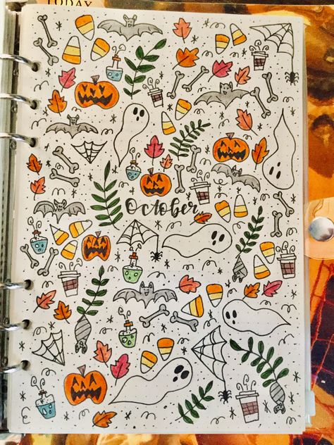 October Bullet Journal Page Spread #october #autumn #bulletjournaling #halloween October Page Journal, October Page Bullet Journal, Autumn Journal Page, Halloween Journal Pages, October Journal Page, Halloween Journal Ideas, Bujo Simple, October Doodles, Halloween Bullet Journal