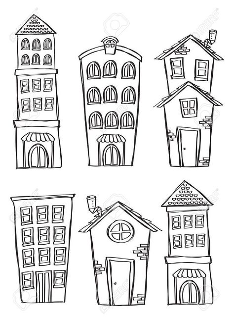 Cute building doodles. Cycle Painting, House Doodle, House Colouring Pages, Doodle Style, Animal Illustrations, House Drawing, Bullet Journal Doodles, Journal Doodles, Doodle Drawings