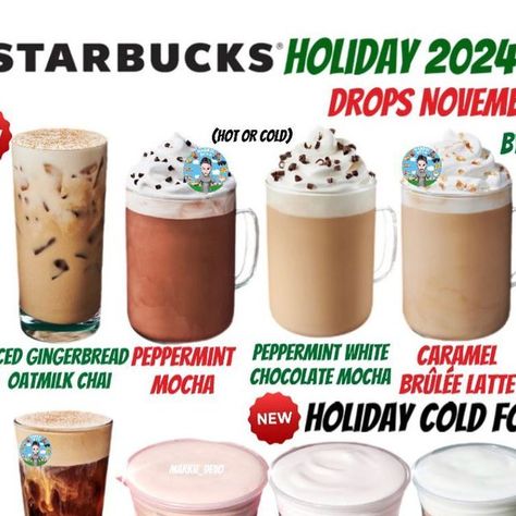 Markie_devo on Instagram: "It’s me again, the spooky season Grinch(and Halloween is my fav holiday😅).

Your first look at the speculated Starbucks Holiday 2024 Menu.

-NEW Cran-Merry Orange Refresher:: Sweet orange, tart cranberry and warm spice combined with cranberry inclusions, mixed with water, lemonade or coconut milk.

-Iced Gingerbread Oatmilk Chai:: Warm chai spices, creamy oatmilk and ice, topped with nondairy gingerbread cream cold foam and pumpkin spice topping. 

-Peppermint Mocha::(hot, iced, blended or as hot chocolate).

-Peppermint White Chocolate::(hot, iced, blended or as hot chocolate)

-Caramel Brûlée Latte:: (hot, iced or blended)

-Sugar Cookie Almondmilk:: (hot, iced or blended).

-Chestnut Praline Latte::(hot, iced, blended).

-NEW Salted Pecan Cold Brew:: Cold bre Peppermint Mocha Starbucks, Hot Starbucks Drinks, Caramel Brûlée, Chestnut Praline Latte, Caramel Brulee Latte, Orange Tart, Iced Gingerbread, Cream Cold Foam, Starbucks Peppermint Mocha