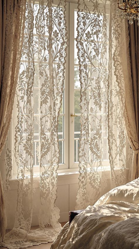 Boho Bedroom Curtain Ideas Boho Chic Bedroom Curtains, Boho Curtain Ideas For Living Room, Lace Curtains Aesthetic, Boho Curtain Ideas, Boho Curtains Bedroom, Lace Curtains Bedroom, Boho Curtains Living Room, Spanish Style Bedroom, Moroccan Curtains