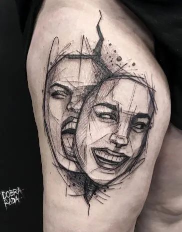 Woman Mask Tattoo Design, Wearing A Mask Tattoo, Different Faces Tattoo, Two Face Tattoo Mask Women, Two Face Woman Tattoo, Double Faced Tattoo, Masked Face Tattoo, Gemini Two Face Tattoo For Men, Double Face Tattoo Design