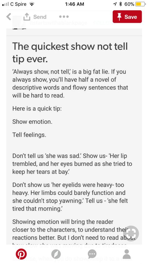 Of course there are a few exceptions, as there are with all writing tips. But it's generally helpful. How To End A Story Writing Tips, Screen Writing Prompts, Dialogue Writing Examples, How To Write Blushing, How To Write The Middle Of A Story, Blushing Writing Prompts, How To Be More Descriptive In Writing, Book Writing Tips Fiction, Dress Description Writing