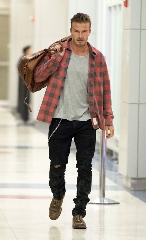 David Beckham's 10 Best Airport Style Looks | GQ David Beckham Outfit, Checkered Shirt Outfit, David Beckham Style Outfits, David Beckham Style, Beckham Style, Mens Fashion Casual Outfits, Checkered Shirt, Men Fashion Casual Outfits, Mens Winter Fashion