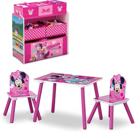 Disney Minnie Mouse 4-Piece Playroom Solution by Delta Children – Set Includes Table and 2 Chairs and 6-Bin Toy Organizer Your Price $89.97 Minnie Mouse Table, Lily Care, Kids Bench, Kids Toy Boxes, Kids Storage Units, Toy Bin, Kids Shelves, Toddler Playroom, Toddler Table