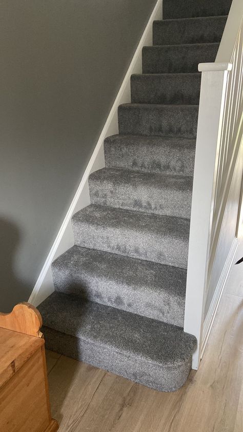 Grey Stair Carpet Ideas, Grey Carpet Staircase, Grey Carpet Stairs, Grey Carpet Hallway And Stairs, Black Staircase Grey Carpet, Light Grey Carpet Stairs, Dark Grey Carpet Stairs, Carpet On Stairs, White Stairs Grey Runner