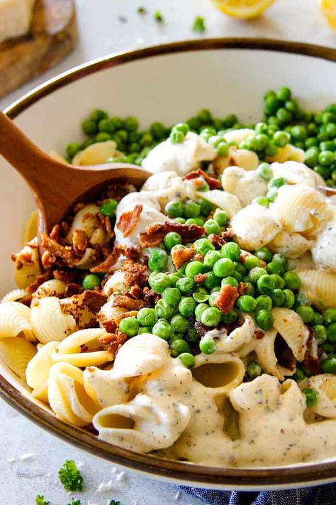 Creamy Pasta Salad Dressing, Lemon Parmesan Dressing, Pasta Salad With Mayo, Pea Pasta Salad, Bacon Pea Salad, Bacon Pasta Salad, Creamy Pasta Salad, Pea Pasta, Creamy Pasta Salads