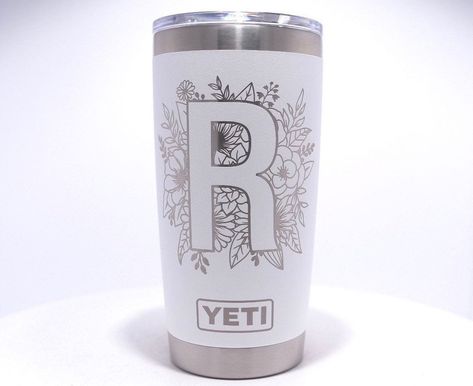 20oz white Yeti tumbler laser engraved with floral monogram letter White Yeti, Personalize Yeti, Yeti Monogram, Customized Tumblers, Floral Monogram Letter, Engraved Yeti, Yeti Stickers, Yeti Tumbler, Floral Decal