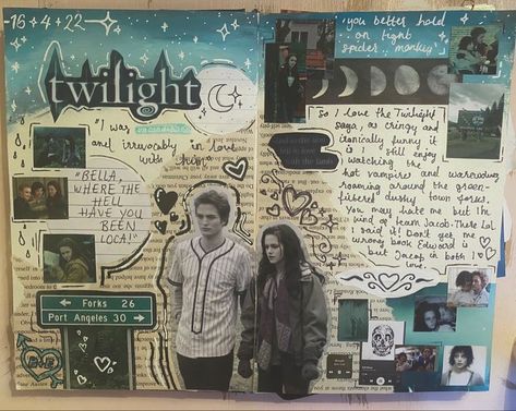 Character Scrapbook Ideas, Twilight Journal Page, Sarah Dessen Aesthetic, Notebook Page Ideas, Movie Journal Ideas, Twilight Scrapbook, Me Journal Page, Twilight Journal, Scrapbook Cover Ideas