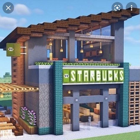 Minecraft Starbucks, Minecraft Restaurant, Minecraft Stores, Disney Minecraft, Minecraft Modern City, Minecraft Shops, Minecraft City Buildings, Rumah Minecraft Sederhana, Minecraft Structures