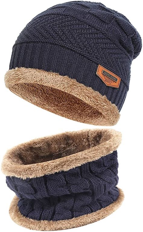 Mens Womens Winter Beanie Hat Scarf Set Warm Knit Hat Thick Fleece Lined Winter Cap Neck Warmer for Men Women at Amazon Men’s Clothing store