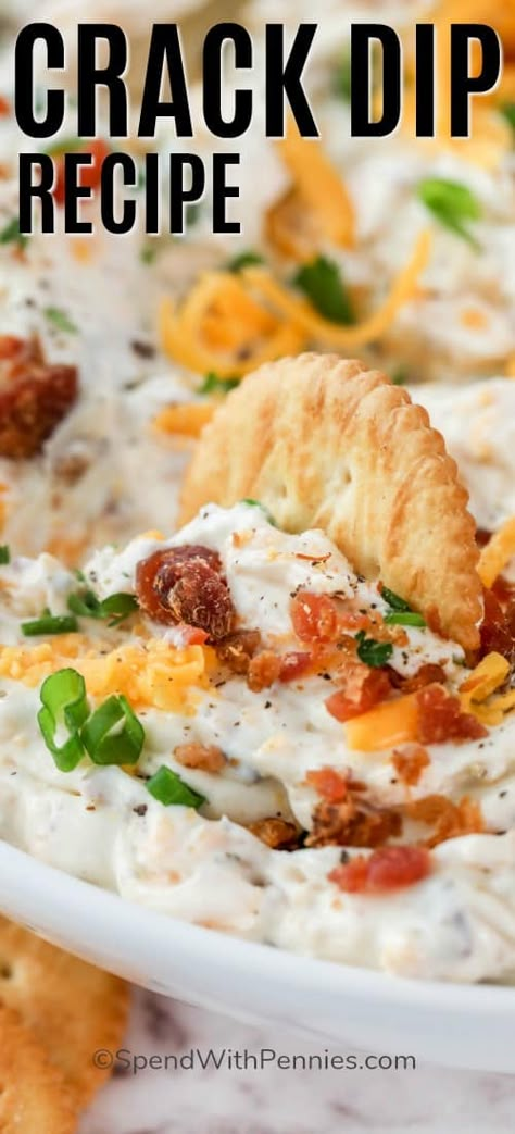 Crack dip is an addictively delicious cheesy dip! Made with bacon, cheese, and ranch it is the perfect combination of flavors and a party favorite. #spendwithpennies #crackdip #appetizer #dip #partyappetizer #foracrowd #colddip Cheesy Appetizers, Chip Dip Recipes, Nacho Dip, Dip Easy, Cheesy Dip, Spend With Pennies, Low Carb Snack, Diner Recept, Appetizers Easy Finger Food