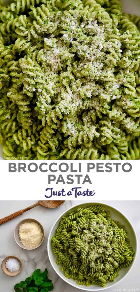 Classic basil pesto gets a welcome glow-up with the addition of broccoli florets in this easy recipe for Broccoli Pesto. The result is a creamy sauce perfect for tossing with your favorite pasta for a quick and easy dinner! #creamypestopasta #dinnerideas #pestorecipe #justatasterecipes Broccoli Basil Pesto, Broccoli Pesto Pasta Recipes, Broccoli Pesto Sauce, Brocolli Pesto Recipe, Creamy Broccoli Pasta Sauce, Broccoli Pesto Recipe, Brocolli Pasta Recipe, Broccoli Sauce For Pasta, Broccoli Pasta Sauce