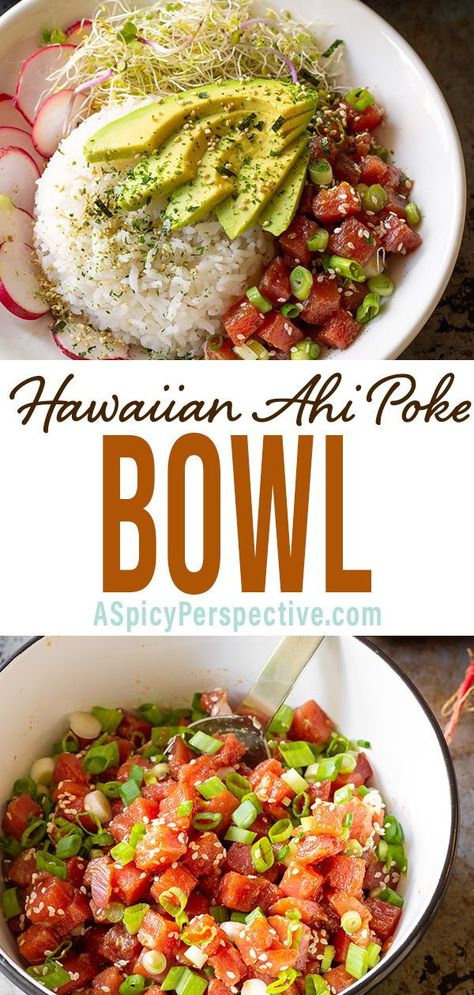 This Hawaiian Ahi Poke Bowl is loaded with rice, Hawaiian poke, avocado, radishes, sprouts, and seasoning. Best Poke Bowl Recipe, Hawaiian Poke Recipe, Hawaiian Rice Bowl, Spam Poke Bowl, Hawaiian Poke Sauce, Crab Poke Bowl, Sushi Poke Bowl, Poke Bowl Recipe Crab, Hawaiian Tuna Poke Marinade