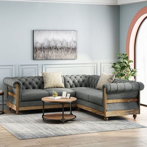 Voll Tufted Sectional Sofa with Nailhead Trim by Christopher Knight Home - Bed Bath & Beyond - 34155767 Sectional Sofa Comfy, Tufted Sectional Sofa, Comfy Sectional, Tufted Sectional, Living Room Furniture Styles, Fabric Sectional Sofas, Couch Fabric, Fabric Sectional, Noble House