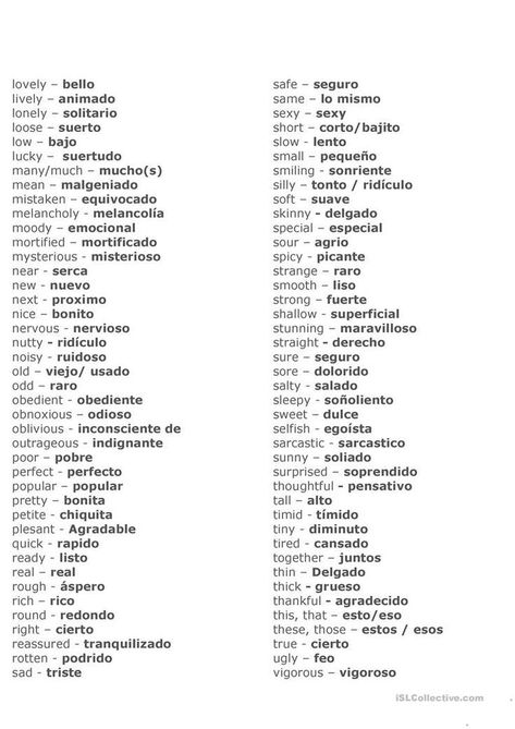 Adjectives In English And In Spanish Worksheet - Free Esl Printable 170 Adjectives In English, Common Spanish Phrases, Spanish Adjectives, Words In Spanish, Learn Spanish Free, Useful Spanish Phrases, Spanish Words For Beginners, Basic Spanish Words, English Adjectives