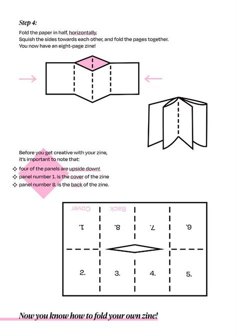 How to fold an eight-page zine, using a single sheet of paper. Illustration Education, Teach Peace, Zine Design, How To Fold, Adult Crafts, Paper Toys, Craft Inspiration, Sheet Of Paper, Art School