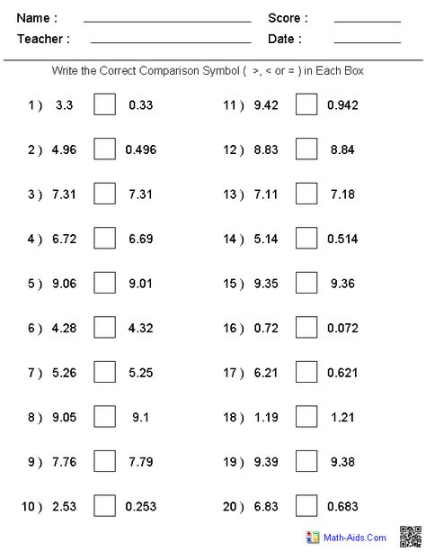 Greater Than Less Than Worksheets, Fractions To Decimals Worksheet, Seventh Grade Math, Comparing Decimals, 6th Grade Worksheets, Integers Worksheet, 5th Grade Worksheets, Math Decimals, Greater Than Less Than