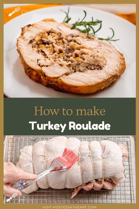 Roasted Turkey Roulade is a delicious dinner alternative to cooking a whole turkey. This easy turkey roll recipe is the perfect blend of sweet and savory flavors. Turkey Roulade With Stuffing, Turkey Breast Roll Recipes, Turkey Roulade Ina Garten, Best Turkey Stuffing Recipe Thanksgiving, Gourmet Turkey Recipes, Turkey Breast Roulade Recipes, Turkey Breast Rolled With Stuffing, Rolled Turkey Breast Recipes, Turkey Wellington Recipe