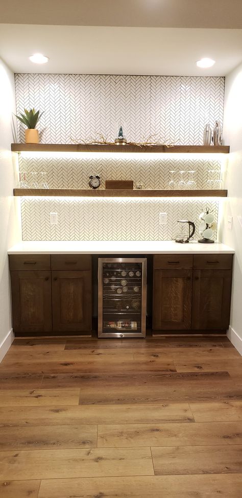 Bar Wall With Floating Shelves, Coffee Bar Woth Floating Shelves, Basement Wet Bar Backsplash, Boho Basement Bar, Tile Wall With Floating Shelves, Bars With Floating Shelves, Small Wet Bar With Floating Shelves, Organic Modern Basement Bar, Wet Bar With Floating Shelves Dining Room