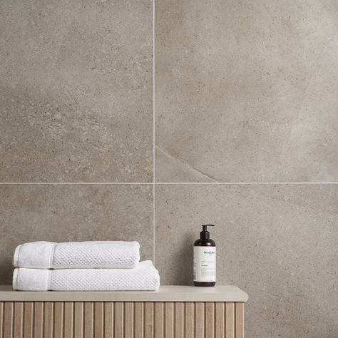 New Rock Tortora Taupe 24x24 Matte Porcelain Tile | Tilebar.com Greige Bathroom Floor Tile, Sandy Tiles Bathroom, Cream Stone Bathroom, Large Square Tile Bathroom, Large Shower Floor Tile, Natural Bathroom Tiles, Small Bathroom Beige Tile, Neutral Bathroom Floor Tile, Taupe Floor Tile