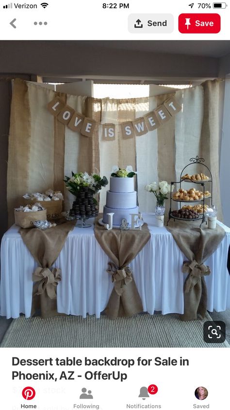 Burlap Wedding Decorations, Rustic Burlap Wedding, Dessert Table Backdrop, Tafel Decor, Wedding Anniversary Party, Burlap Wedding, Cute Wedding Ideas, 50th Wedding Anniversary, Rustic Country Wedding