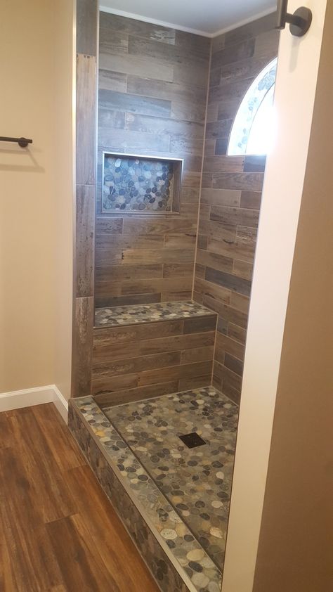 Earth Tone Shower Tile Bathroom Ideas, Brown Tile Bathroom Ideas, Western Shower Tile, Shower Tile Ideas Brown, Earth Tone Bathroom Ideas Shower Tiles, Rustic Tile Shower Ideas, Shower Remodel Brown Tones, Bathroom Tile Brown And Cream, Brown Tile Bathroom