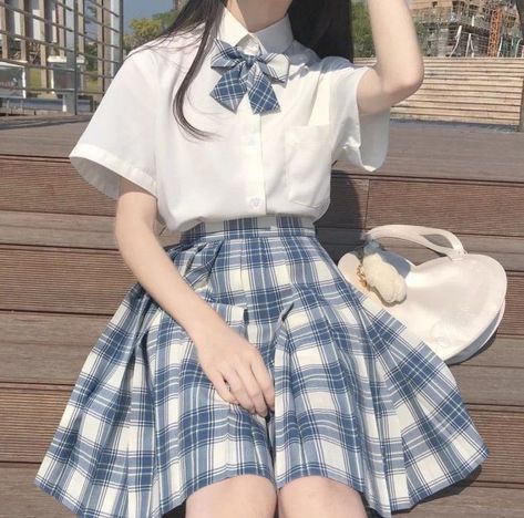 Blue Clothes Aesthetic, Pastel Blue Outfit, Blue And White Outfits, Fashion Outfits Korean, School Uniform Fashion, School Uniform Outfits, School Dresses, Uniform Fashion, Blue Outfit