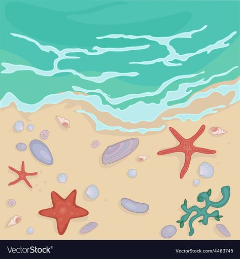 Sea Shore Illustration, Beach Shore Drawing, Sea Shore Drawing, Shore Drawing, Sea Shore Painting, Waves Illustration, Beach Shoreline, Crafts Summer, Mermaid Stories