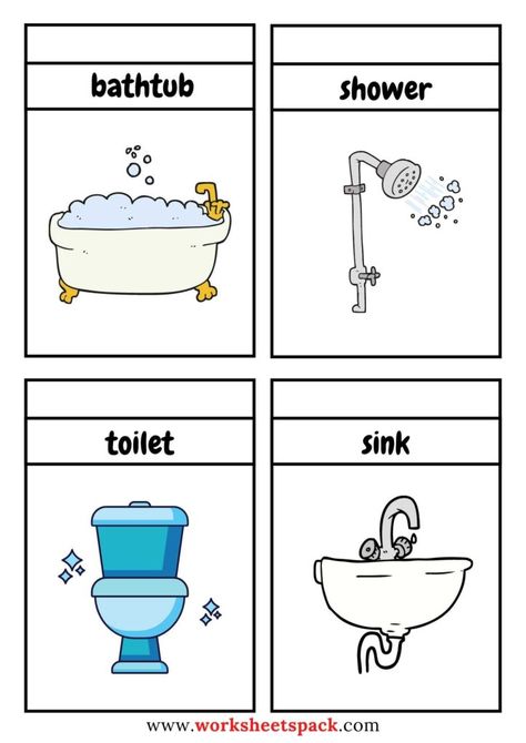 Bathroom Visuals For Kids, Bathroom Worksheet, Flash Cards For Kindergarten, Kindergarten Flash Cards, Esl Flashcards, Word Tracing, Easy Crafts For Teens, Vocabulary Flash Cards, Bathroom Tips